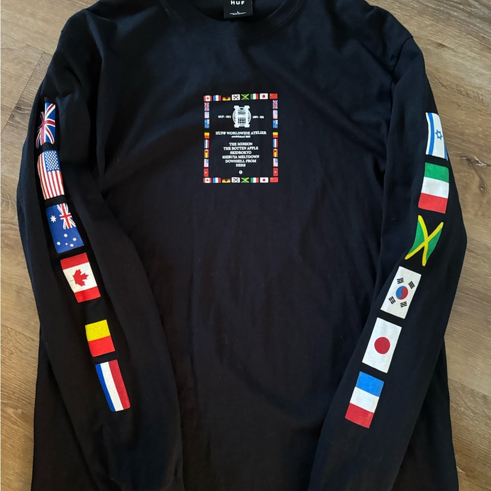 HUF Black Long Sleeve with Flag Sleeve Design